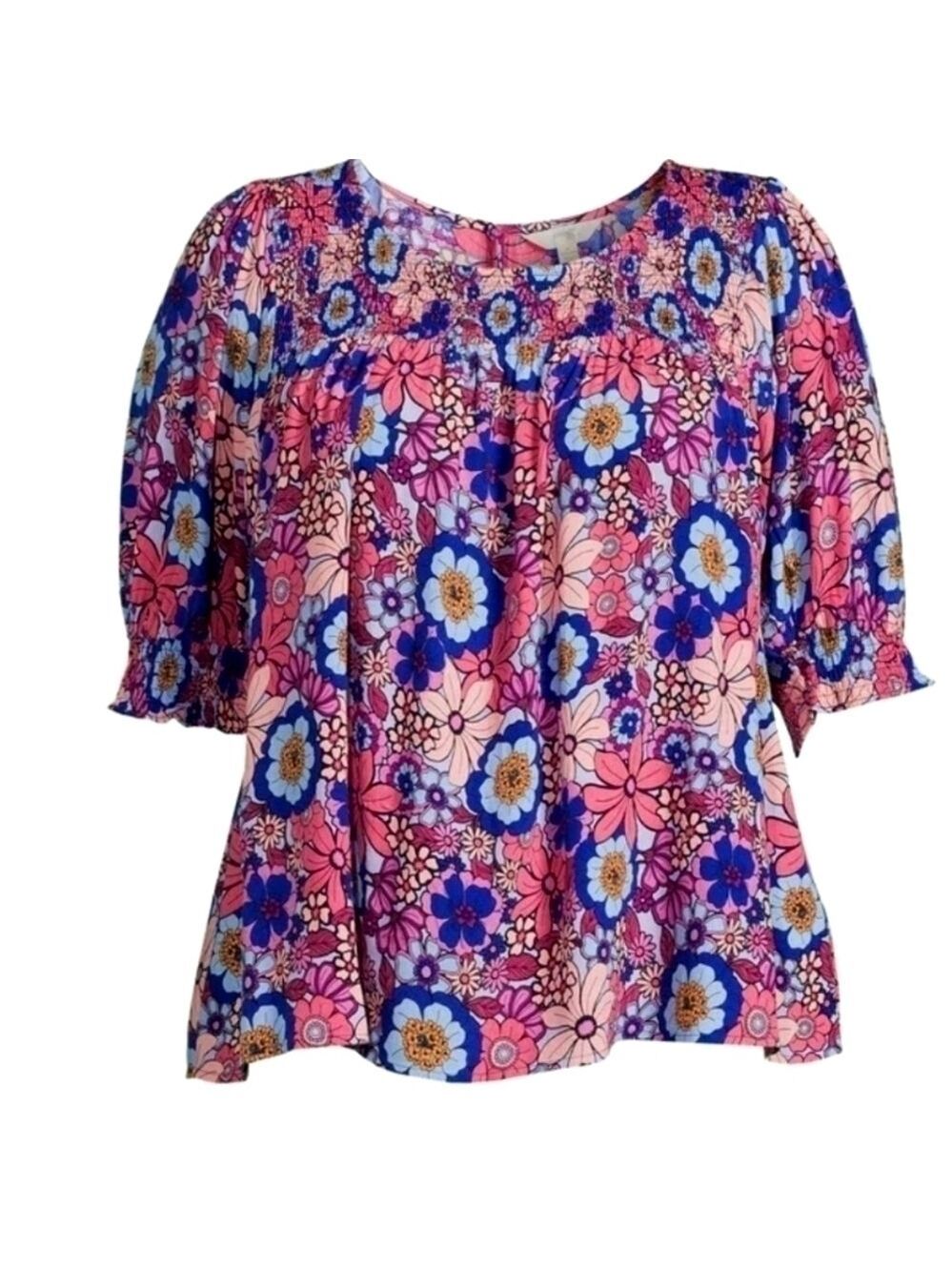 Smocked 100% Rayon short sleeve Top RELAXED Floral Top 2XL